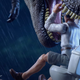 An action figure sitting on a toilet gets its head bitten by a giant T.Rex during a storm.
